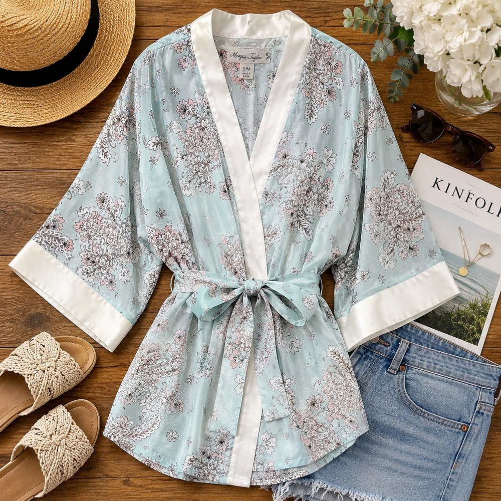 Morgan Taylor Intimates Floral Satin Robe S/M Blue White cottagecore lightweight